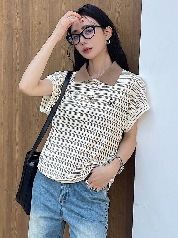 Women's Contrast Color Striped Short Sleeve T-Shirt,Teacher Outfits