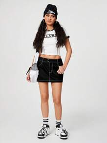 SHEIN EZwear Low Waist Color Blocking A-Line Skirt - Black - View 6