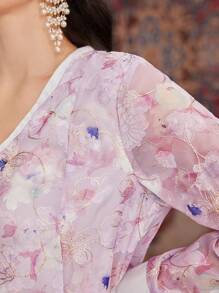 Al Najma V-Neck Long Sleeve Floral Print Dress - Multicolor - View 4