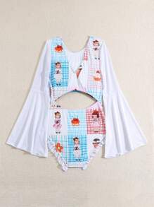 Teen Girl Swimsuit, Cartoon Pattern Printed One-Piece Swimsuit - Multicolor - View 2