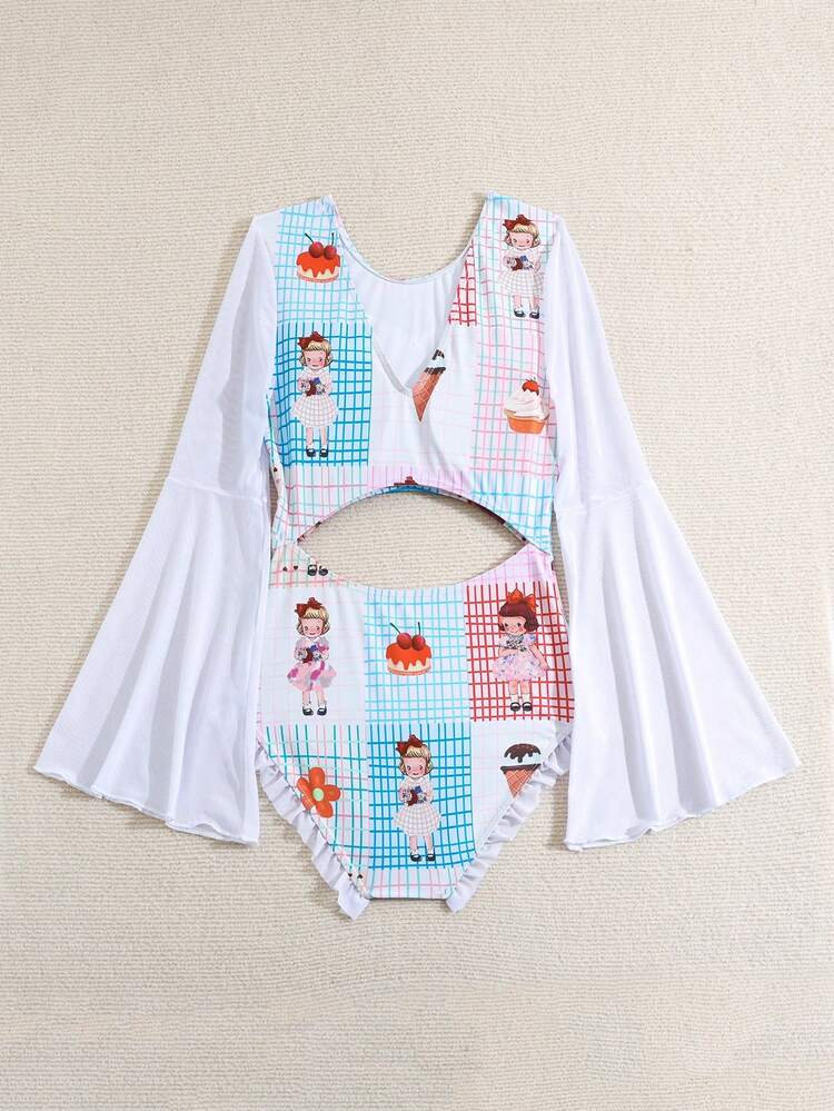 Teen Girl Swimsuit, Cartoon Pattern Printed One-Piece Swimsuit