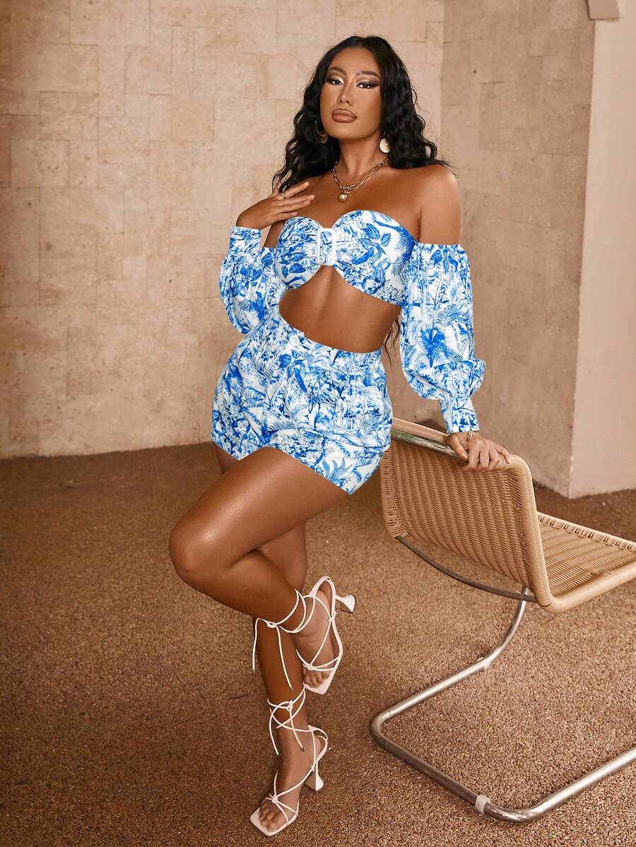 Glamaker 2pcs/Set Women Sexy Plant Print Off Shoulder Crop Top And Shorts Set