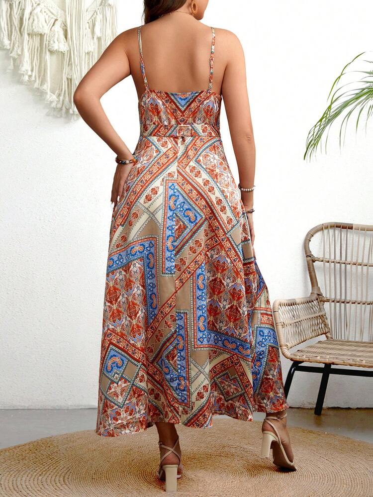 Women's Plus Size Wrap Up Printed Dress With Spaghetti Straps