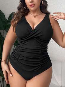 SHEIN CURVE+ Summer Beach Plus Size Solid Color Pleated Slim Fit One-Piece Swimsuit - Black - View 8