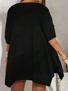 SHEIN LUNE Plus Size Women's V-Neck Asymmetric Hemline Dress - Black - View 2