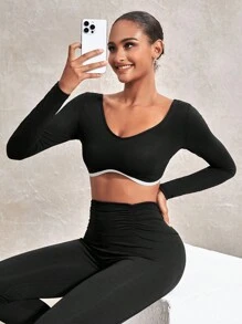 SHEIN Sports Color Block Halter Neck Round Collar Cropped Sports T-Shirt - Black - View 7