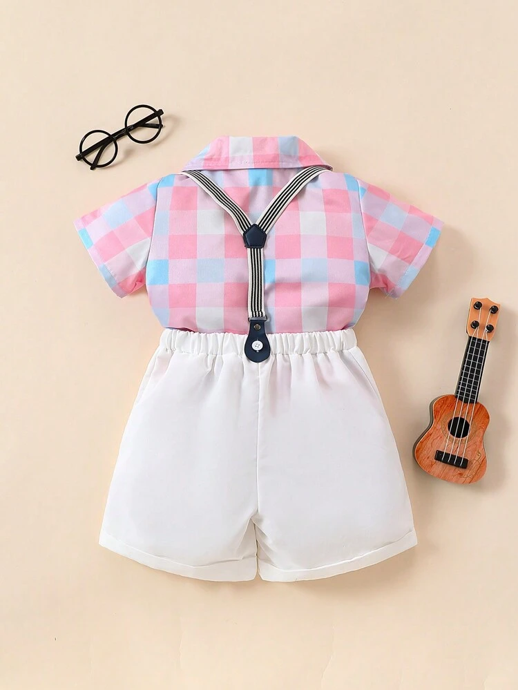 Young Boy's Plaid Short Sleeve Shirt & Suspenders Shorts Gentleman Outfit