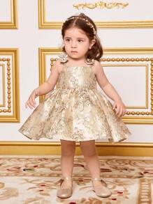 SHEIN Vestido De Tirantes De Espagueti Para Bebé Niña Con Tela De Jacquard Floral - Albaricoque - Ver 6