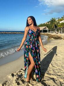 SHEIN SXY Sundress;Summer/Beach;Fashionable Ladies Sexy Tropical Flower Knitted Elegant Holiday Deep V-Neck High-End Sleeveless Loose Suspenders Adjustable Pleated Large Skirt Long Knitted Dress - Multicolor - View 4