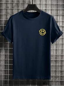 Men's Letter Print Slim Fit Casual Crew Neck T-Shirt, Suitable For Commuting, Summer - Navy Blue - View 2