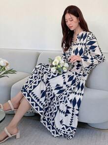 DAZY Vestido suelto con estampado geométrico todo sobre, cuello escotado, mangas acampanadas, volantes, ropa de mujer para otoño
