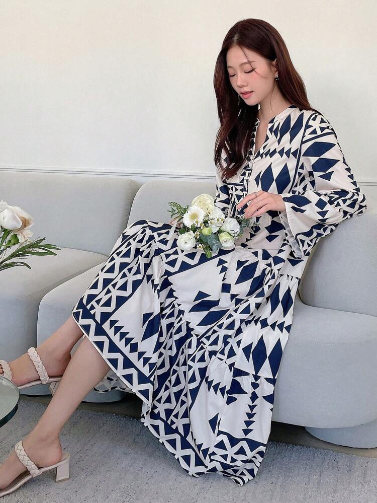 Geometric Pattern Notched Neck Flared Sleeve Loose Fit Dress, Ruffle, Fall Clothes Long Sleeve Dress Vacation Women Dress Boho