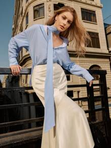 Anewsta Striped Wide Button-Down Shirt - Blue - View 1