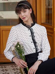 Simple Retro Women Polka Dot Lace High Neck Shirt - Black and White - View 4