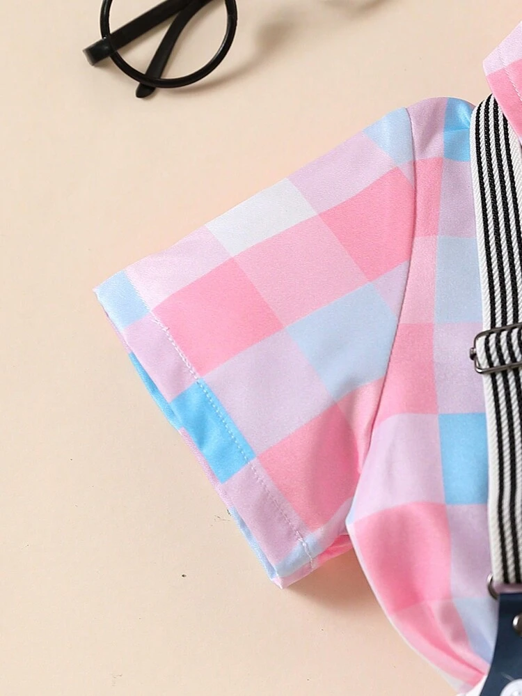 Young Boy's Plaid Short Sleeve Shirt & Suspenders Shorts Gentleman Outfit