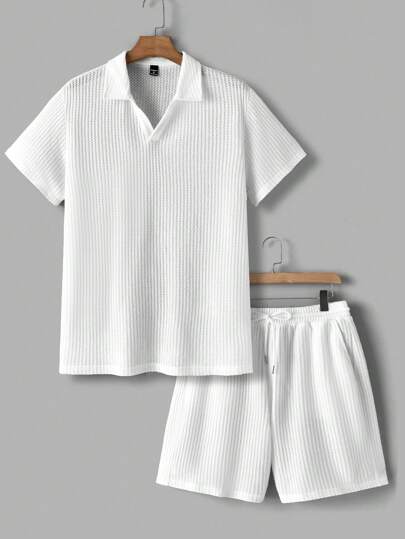 Manfinity VCAY Men's V-Neck Short Sleeve Polo Shirt And Shorts Set