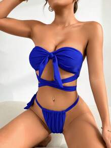 SHEIN Swim 纯色交叉抹胸分体比基尼套装夏季海滩 - 寶藍色 - 查看 3