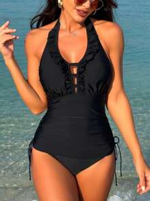 SHEIN Swim 嘉年華女式露肩荷葉邊比基尼 - 黑色 - 查看 1
