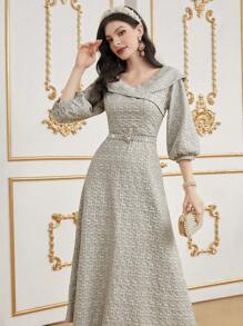 Modelyn Vestido largo de noche con manga farol y textura para mujeres - Gris - Ver 4