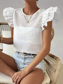 SHEIN Essnce 女用格紋圓領荷葉邊裝飾襯衫 - 白色 - 查看 1