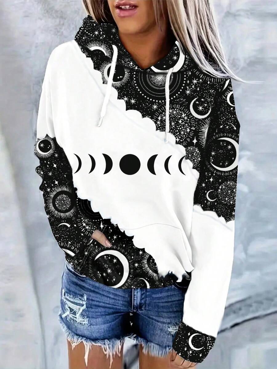 SHEIN EZwear 月亮星星圖案袋鼠口袋落肩袖抽繩連帽衫 - 彩色 - 查看 1