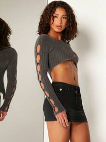 Denimoi Cut Out Button Round Neck Crop Ribbed Sexy Sweater - Dark Grey - View 5