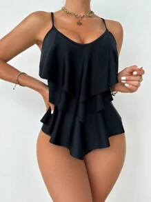 Swim Lushoire Summer Beach Women's Solid Color Multi-Layer Ruffled Bikini Set