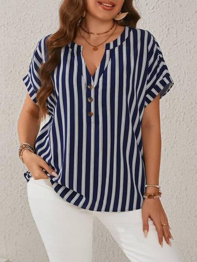 EMERY ROSE Plus Size Women's Summer Striped Batwing Sleeve Blouse