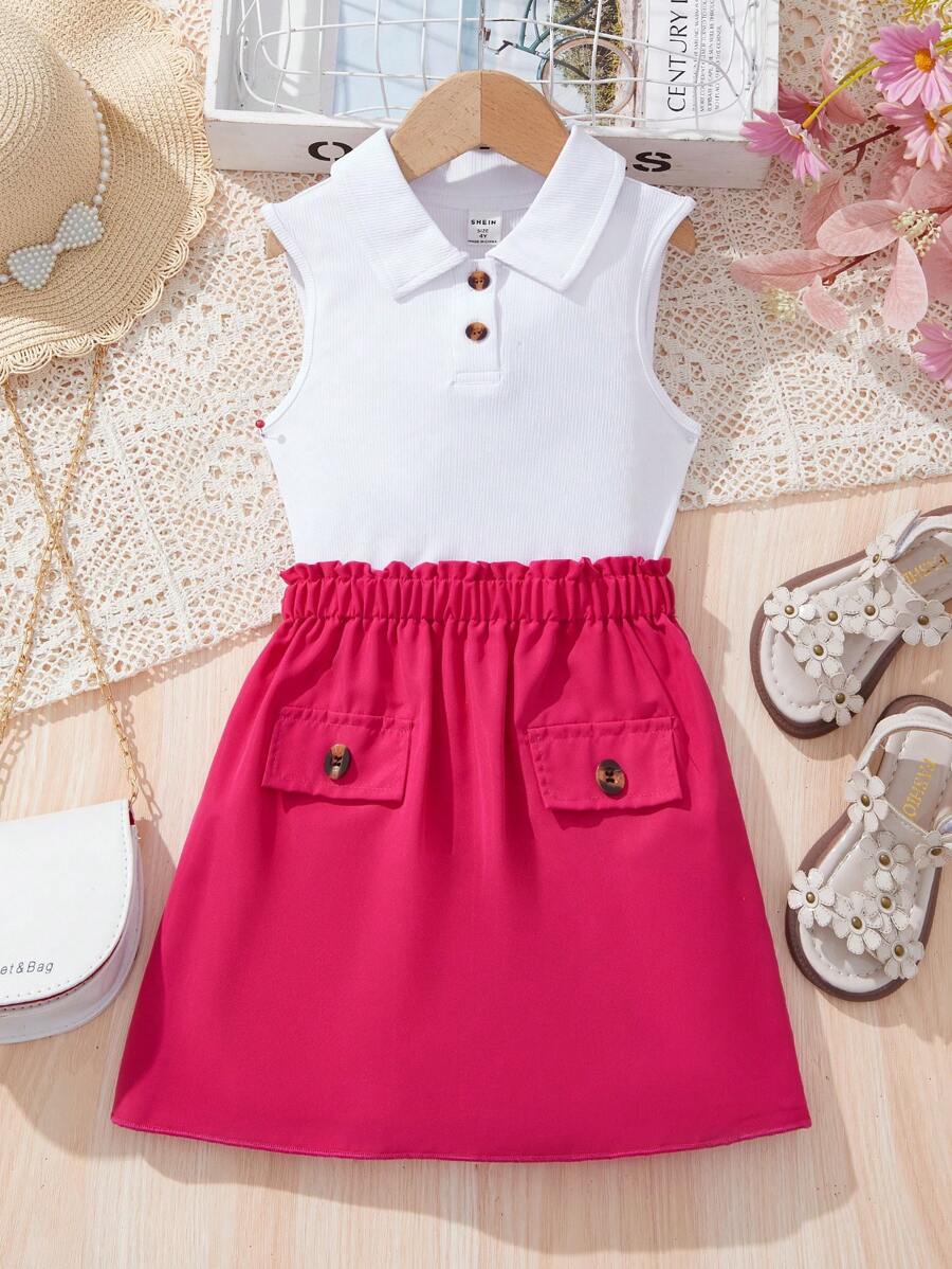 SHEIN 年輕女孩套裝，夏天時尚無袖POLO衫搭配彈性迷你裙 - 彩色 - 查看 1