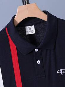 SHEIN Camisa Polo Casual Listrada Fashion Para Adolescentes, Gola E Barra Em Cor Contrastante, Com Impressão De Letras - Azul Marinho - Visão 4