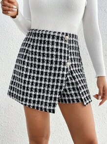 SHEIN Frenchy Pantalones Cortos De Cuadros Con Abertura Lateral Para Mujeres