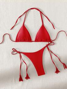 SHEIN Swim Summer Beach Women's Solid Color Halter Strap Separated Bikini Set - Red - View 6