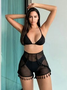 SHEIN Swim Bộ đồ bơi bikini thắt nút hở lưng màu trơn mùa hè có viền tua rua quần bơi lễ hội âm nhạc - màu đen - Xem 1