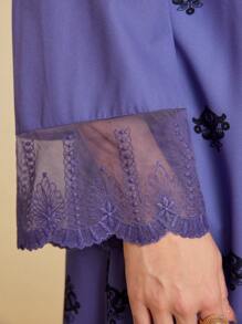 Divindia Patched Lace Cuff Botanic Printed Long Sleeve Kurtas Top - Purple - View 6