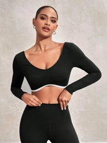 SHEIN Sports Color Block Halter Neck Round Collar Cropped Sports T-Shirt - Black - View 1