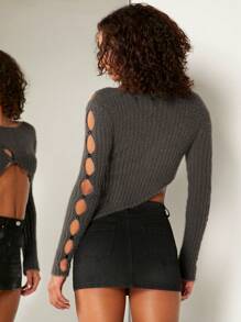 Denimoi Cut Out Button Round Neck Crop Ribbed Sexy Sweater - Dark Grey - View 2