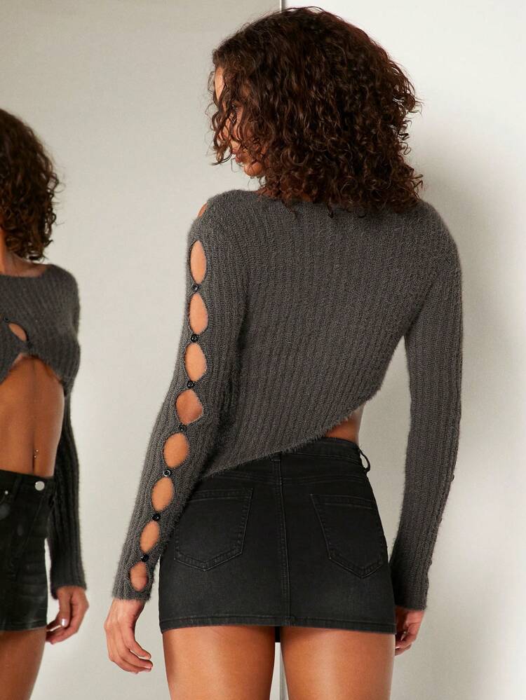 Cut Out Button Round Neck Crop Ribbed Sexy Sweater