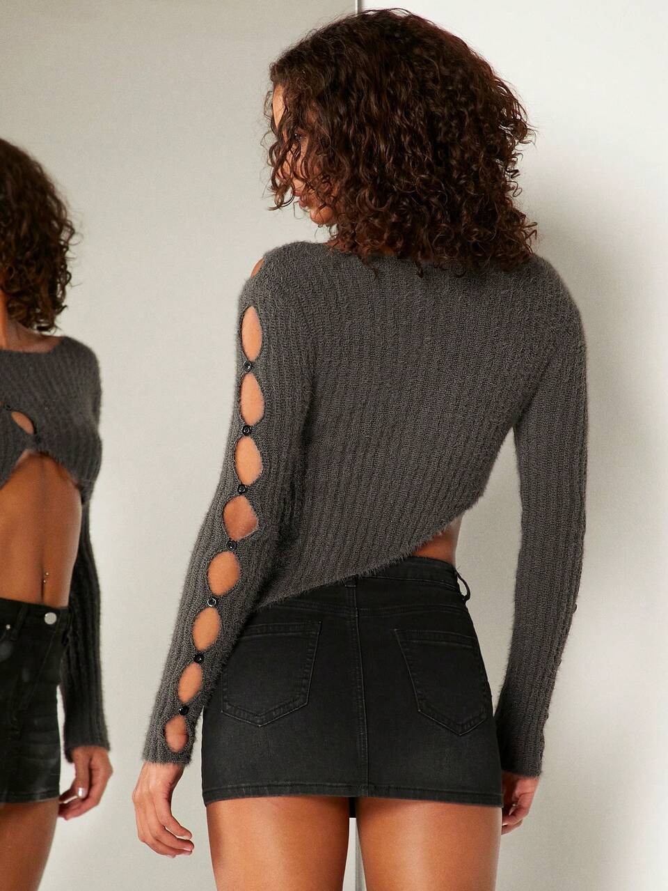 Cut Out Button Round Neck Crop Ribbed Sexy Sweater