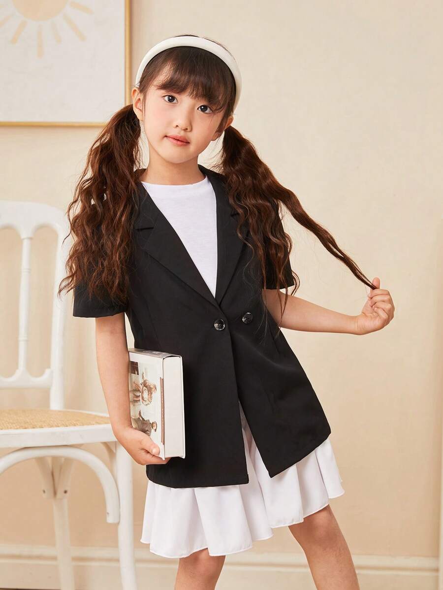 SHEIN Blusa De Manga Corta Para Niña Con Cuello Vuelto Y Conjunto De Falda - Negro - Ver 1