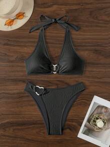 SHEIN Swim Summer Beach Women's Heart Buckle Ruched Halter Bikini Set - Black - View 7