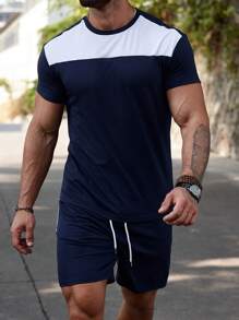 Manfinity Homme Men's Colorblock Casual 2pcs T-Shirt And Shorts Set, Basic, Workout Set - Blue - View 4