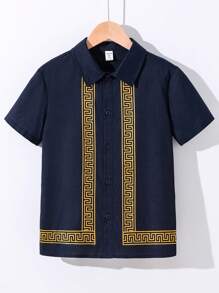 Tween Boy'S Casual Collared Geometric Pattern Jacquard Woven Shirt - Blue - View 3