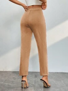 SHEIN PETITE Women's Solid Color Cropped Pants - Khaki - View 2