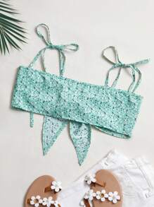 SHEIN WYWH Của phụ nữ In hoa Tie Trước Cami ngọn - màu xanh lá - Xem 2