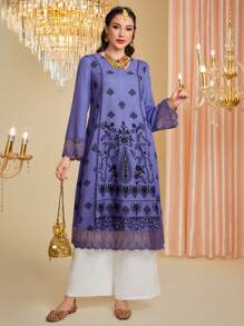 Divindia Patched Lace Cuff Botanic Printed Long Sleeve Kurtas Top - Purple - View 4