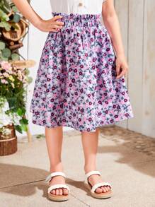 SHEIN Young Girl's Woven Loose Casual Vacation Skirt With Floral Print - Purple - View 4