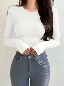 DAZY 女士圆领长袖T恤，秋季女装 - 白色 - 查看 4