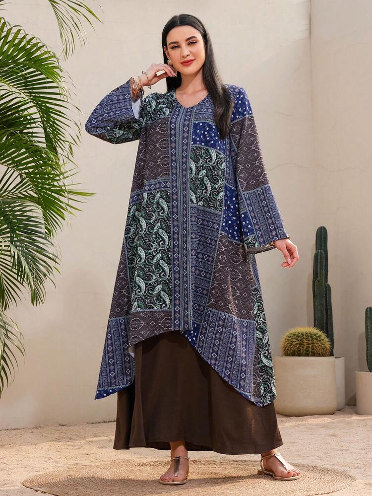 Women's Arabic Style Long Sleeve Caftan Dress With Paisley Printed