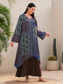 Lacomfia Women's Arabic Style Long Sleeve Caftan Dress With Paisley Printed