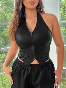 SHEIN EZwear 大尺碼女士黑色pu彈力背心外套 - 黑色 - 查看 3